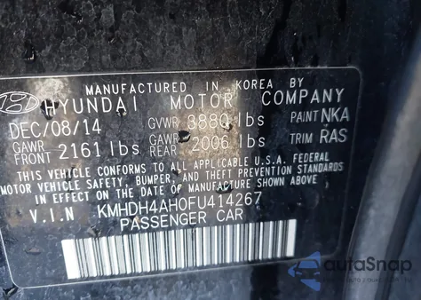 2015 Hyundai Elantra Sport from USA, damaged, VIN KMHDH4AH0FU414267